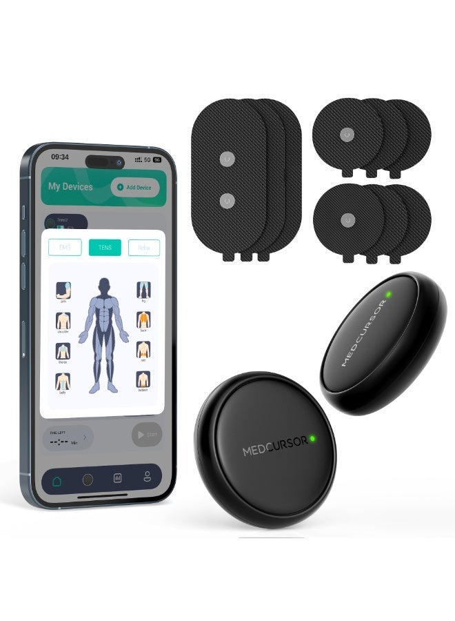 ميدكرسور محفز عضلي MEDCURSOR TENS و EMS بـ 25 مستوى شدة، قناتين مزدوجتين ومراقبة عبر التطبيق – جهاز مساج محمول للتخفيف من الألم واسترخاء الجسم - Image 1